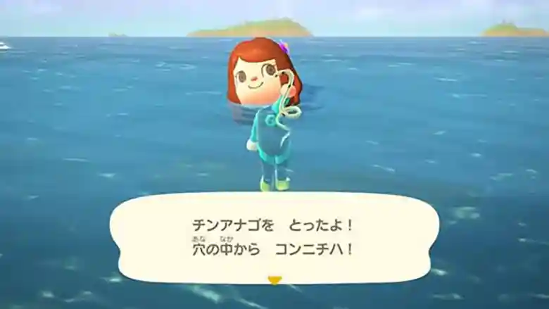 任天堂の「あつまれどうぶつの森」のゲーム画面の写真です。マリーンスーツを着た女の子が海に浮いています。チンアナゴを持った左手を前に突き出しています。画面の下方に「チンアナゴをとったよ！穴の中からコンニチハ！」と文字が出ています。