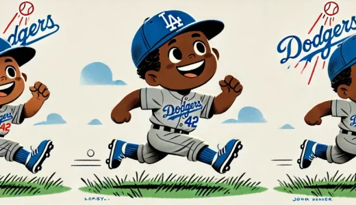 グレーの野球のユニホームを着た黒人の少年が野原を走っているイラストです。画像は横長です。男の背番号は42です。帽子とストッキングは青色です。男の子は楽しそうに元気よく走っています。