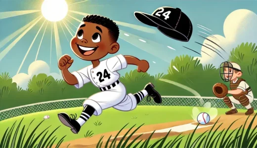 このイラストは、ウィリー・メイズの子供の頃を描いています。メイズは帽子を跳ね飛ばしながら走っています。とても楽しそうに走っています。メイズは野球をしています。メイズは背番号24の白いユニホームを着ています。