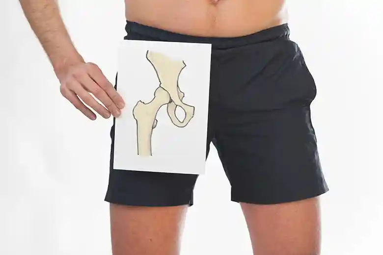 男性が大腿骨のイラストをもって立っている写真です。大腿骨のイラストは実際の骨と同じ位置にもたれています。